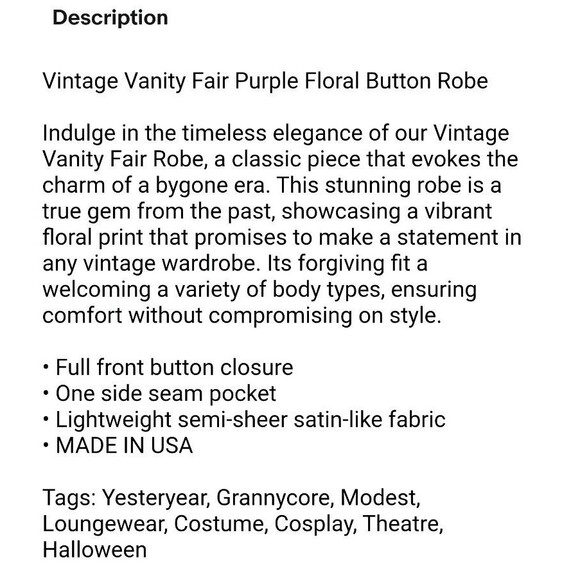 Vintage Vanity Fair Purple Floral Button Robe Size M House Coat Dressing Robe - Picture 5 of 6